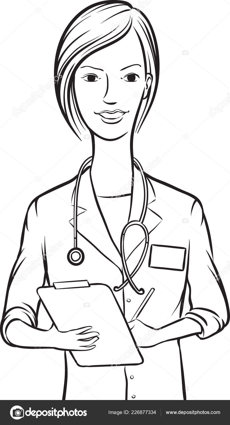 Desenho Quadro Branco Mulher Sorridente Médico Escrevendo Área  Transferência imagem vetorial de OneLineStock© 226877334